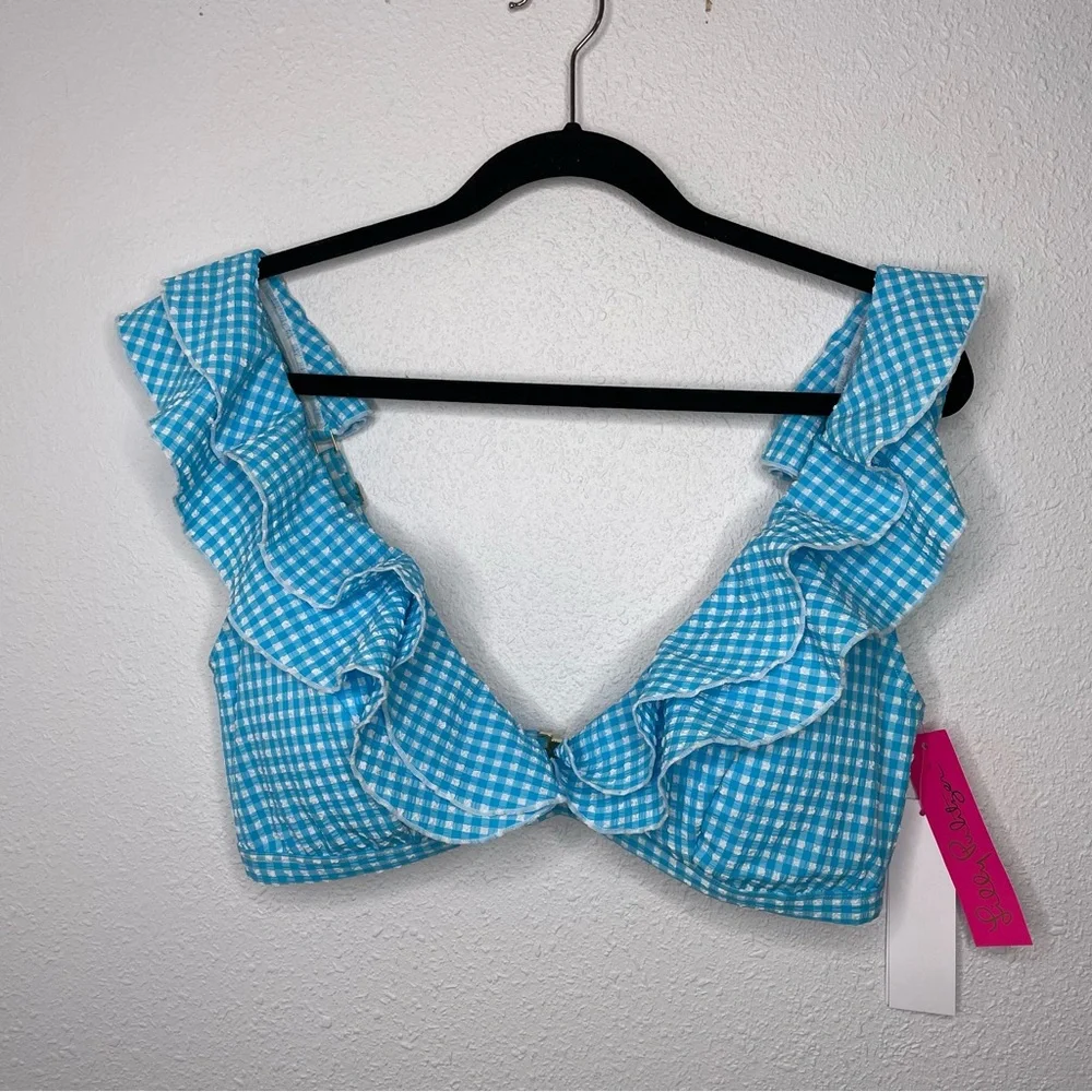 New Lilly Pulitzer Aelin Bikini Swim Top in Crinkle Turquoise Blue Oasis Gingham